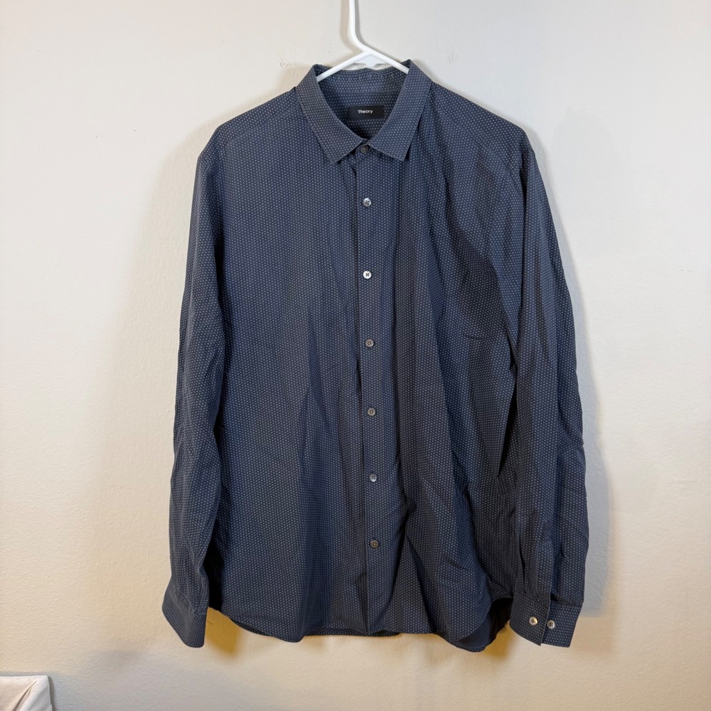 Theory Men's‎ Dark Blue Micro Dot Print Dress Shirt XL Long Sleeve distressed